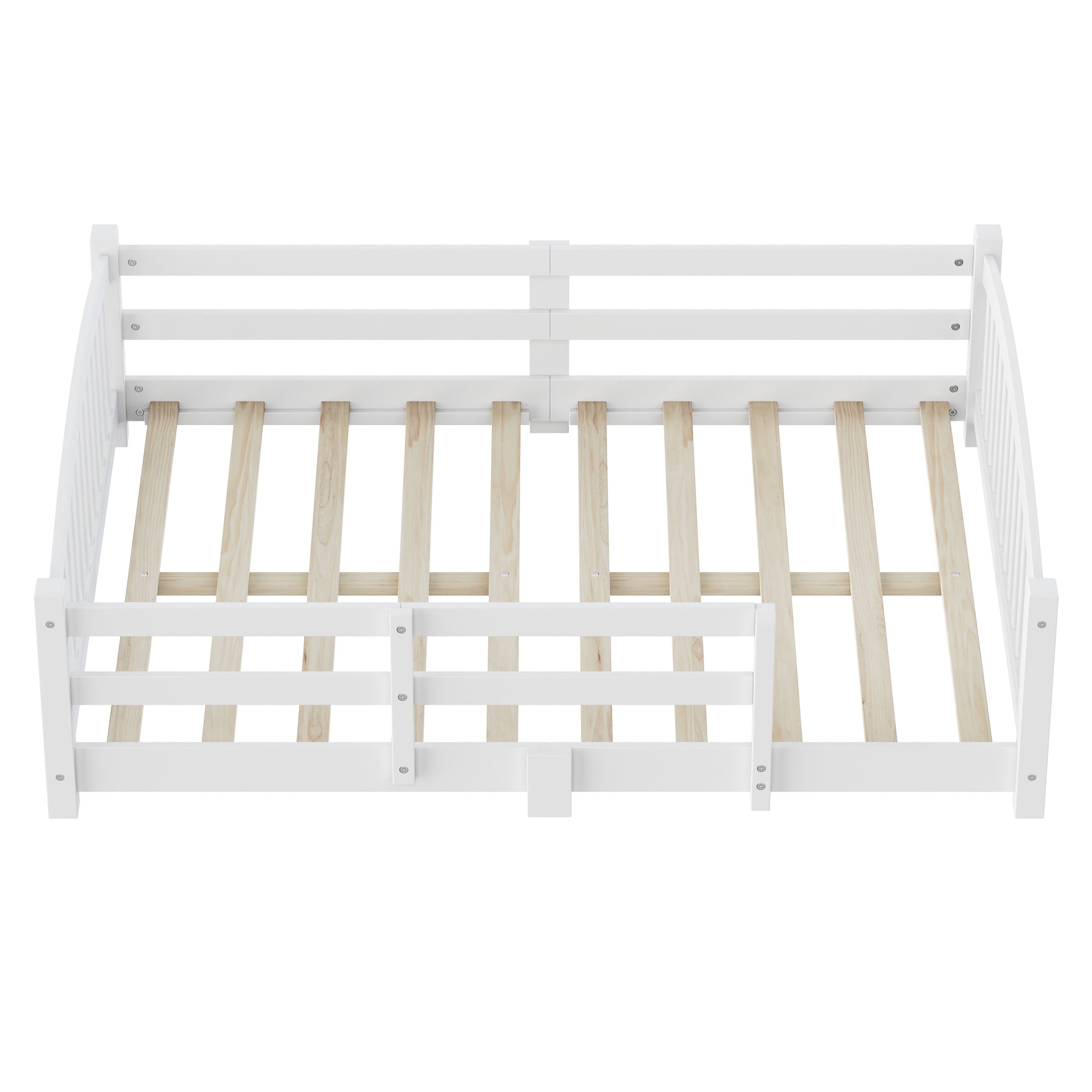 Noble House Full Floor Bed with Slats, Safety Guardrails, Solid Wood Frame, White