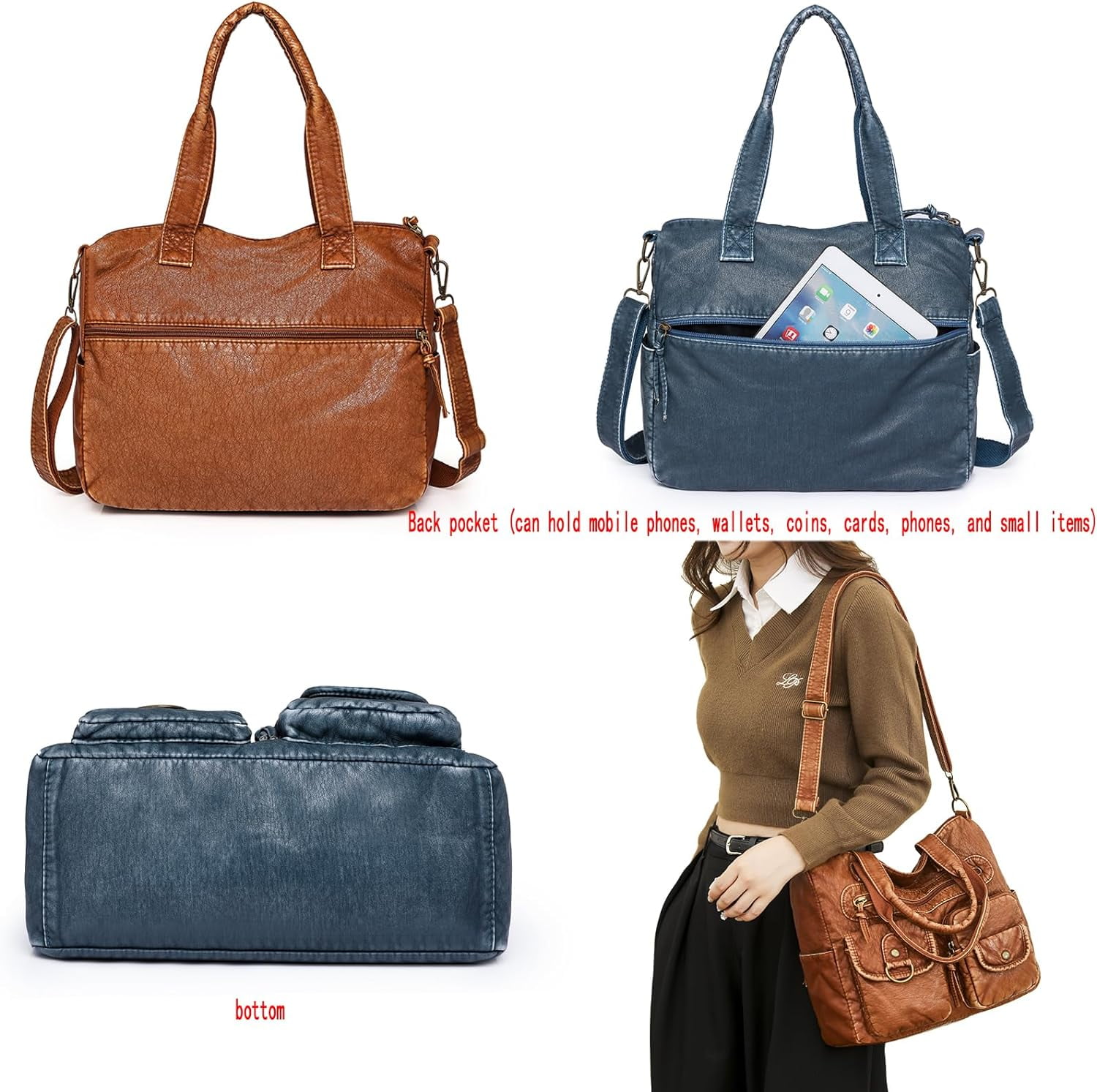 Crossbody Bag for Women Multi Pocket Shoulder Bags Medium Travel Purses Ultra Soft Washed Leather