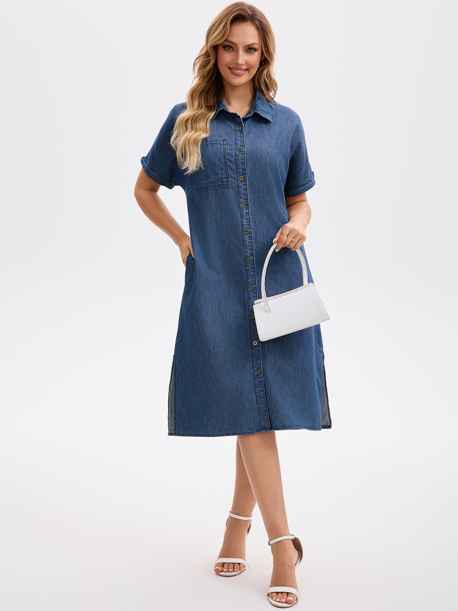 DARING DIVA Midi Denim Short Sleeve Button Down Tunic Jean Dress XL Navy Blue