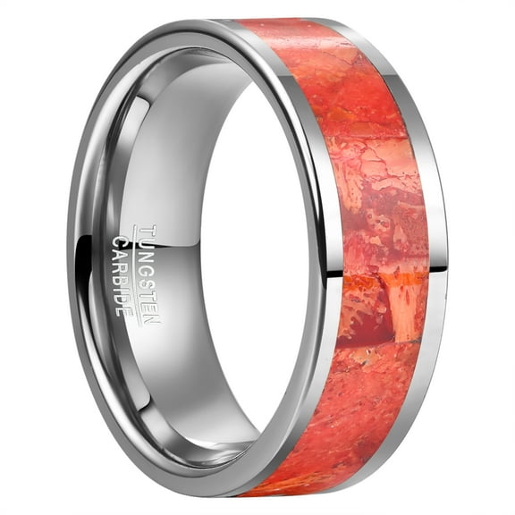8mm Steel Color Tungsten Carbide Ring for Unisex Red Grass Coral Inlay Size 7-12