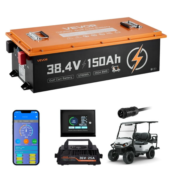 VEVOR 36V (38.4V) 150AH Lithium Golf Cart Battery, with 25A Charger, Lifepo4 Battery Kit, Built-in 250A BMS, with Bluetooth Mobile APP & Touch Monitor, 4000 Cycles