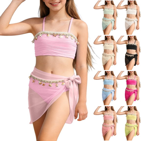 Pandaie Girl's Swimsuits 3 Piece Seashell Spaghetti Strap Textured Bathing Suit with Cover up Summer Beach Swimwear 10-11 T,Beige