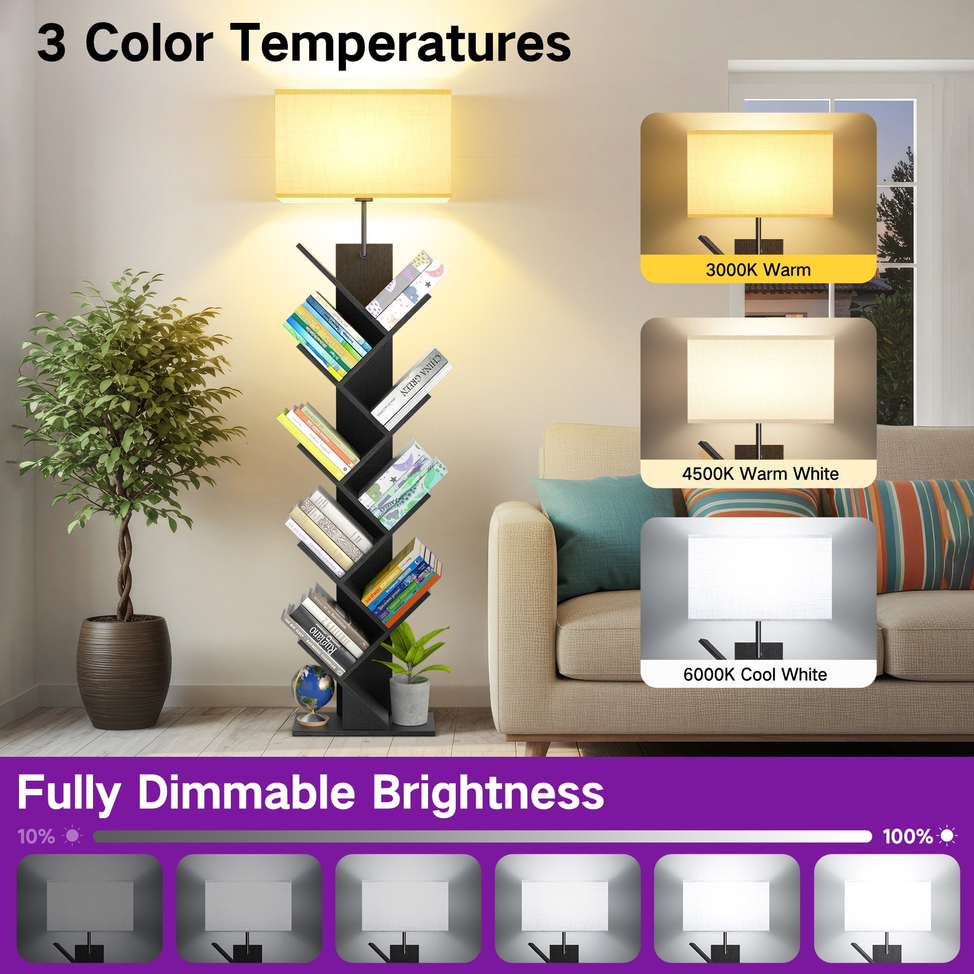 OUTONLIFE Floor Lamp with Shelves,Tree Bookcase with Light, 9-Tier Floor Standing Bookshelf for Living Room Bedroom, Office,Black