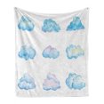 thumbnail image 1 of Clouds Soft Flannel Fleece Blanket, Pattern of Various Vivid Clouds Watercolor Illustration Fluffy Softness Purity Print, Cozy Plush for Indoor and Outdoor Use, 60" x 80", Blue White, by Ambesonne, 1 of 6