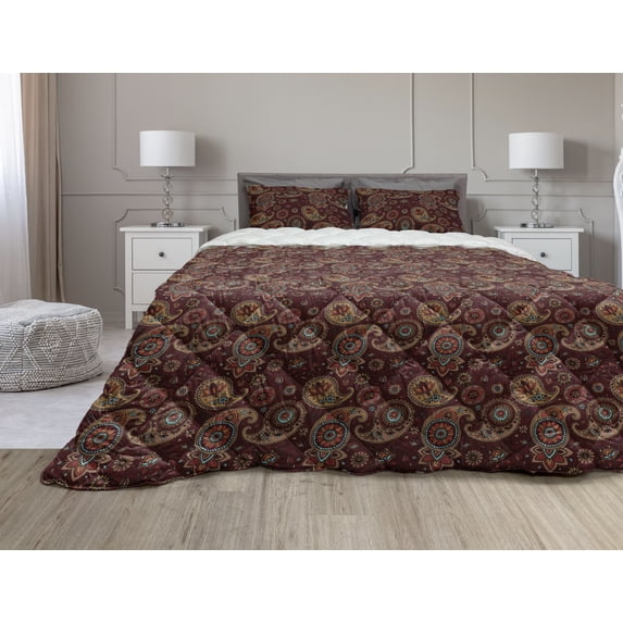 Paisley Comforter & Sham Bedding Set, Middle Pattern Tribal Art Bohemian Themed Composition Printed Image, 3 pcs Duvet Set Microfiber Filling Quilt, 5 Sizes, Burgundy and Dark Mustard, by Ambesonne