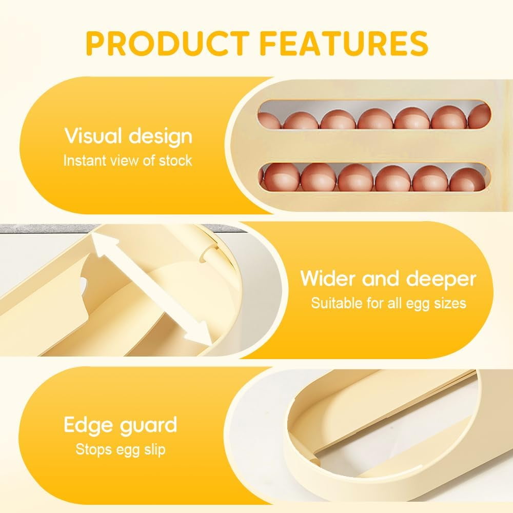 Egg Holder for Fridge, 2026 New Auto Rolling Fridge Egg Organizer, Egg Dispenser for Refrigerator, 4 Tiers Fridge Egg Rack for Refrigerator, Large Capacity/Holds 30 Eggs (Beige)