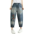 thumbnail image 3 of Women's Embroidered High Waisted Capri Jeans Elastic Waist Denim Pants Bohemian Style Summer Casual Comfort Fit Artistic Design Red XL, 3 of 6