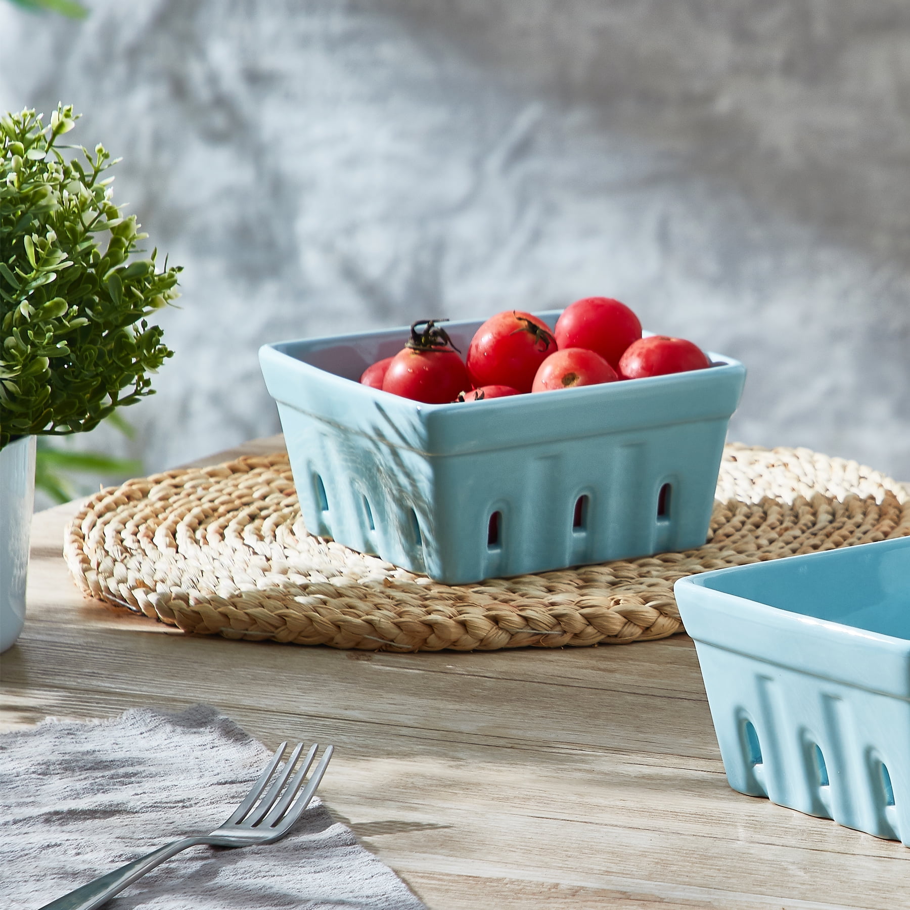 CONTENPO Ceramic Berry Basket Square Fruit Bowls with Holes Berry Bowl Colander Fruit Basket for Kitchen Décor - 5.9" Berry Containers for Fridge, Set of 2, Blue