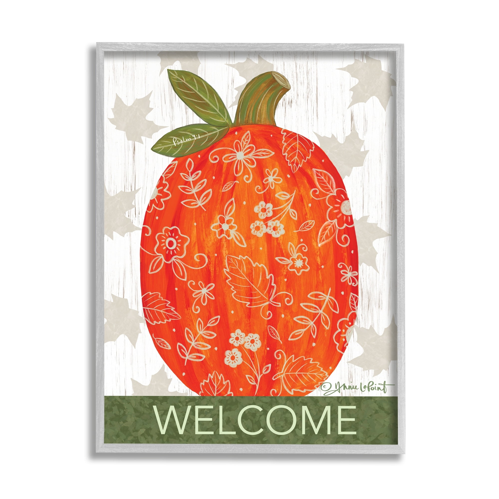 Stupell Industries Patterned Autumn Botanicals Pumpkin Welcome Sign Graphic Art Gray Framed Art Print Wall Art, Design by Annie LaPoint
