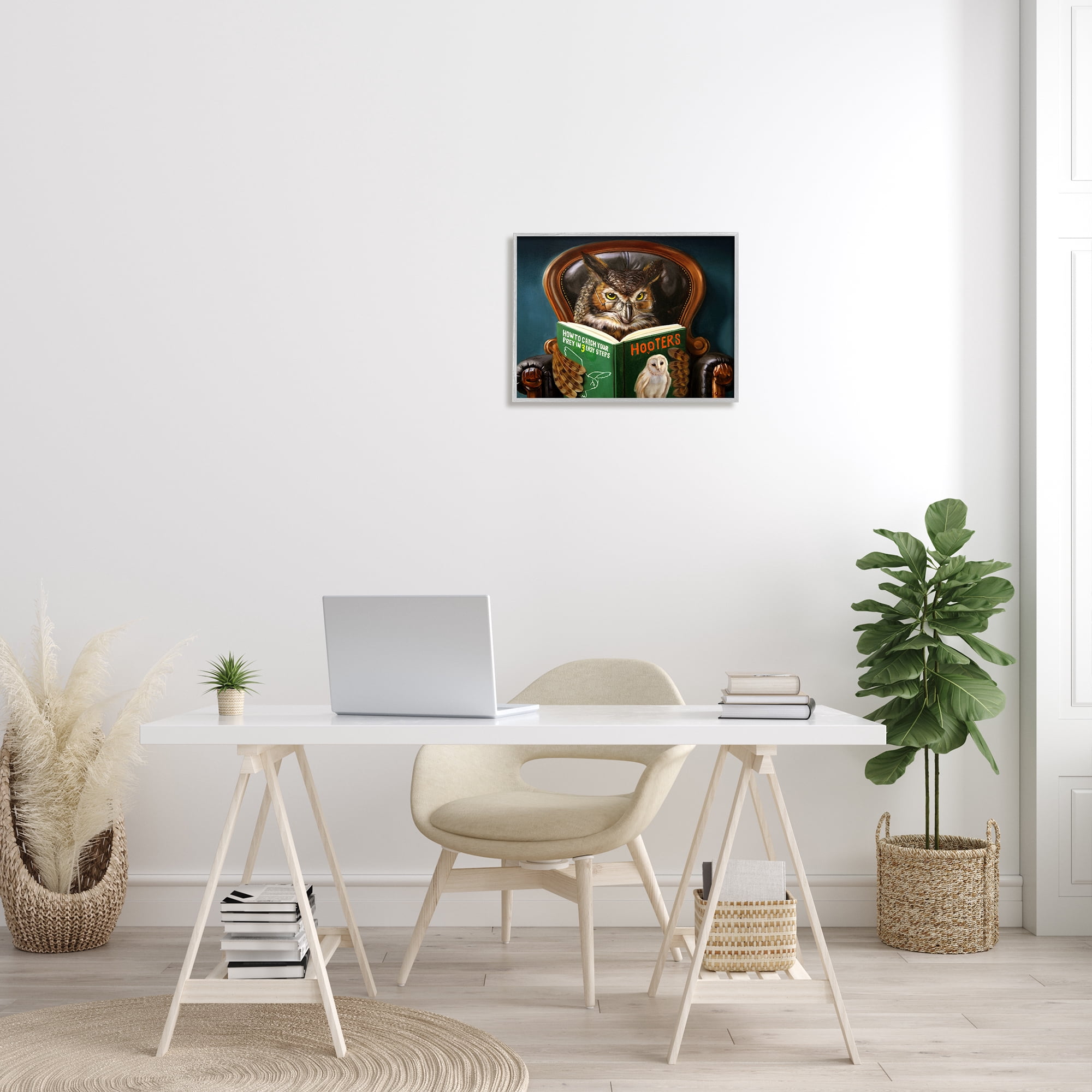 Stupell Industries Funny Owl Reading Leather Chair Hoot Book Novelty Painting Gray framed Art Print Wall Art, 16 x 20, Design by Lucia Heffernan