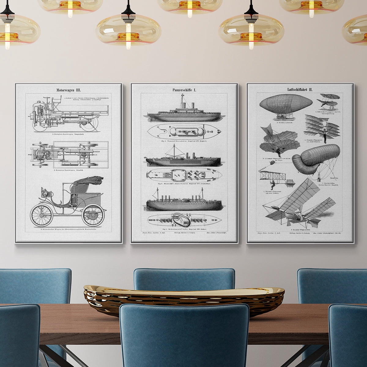Industrial Flight - Framed Premium Gallery Wrapped Canvas L Frame 3 Piece Set - Ready to Hang