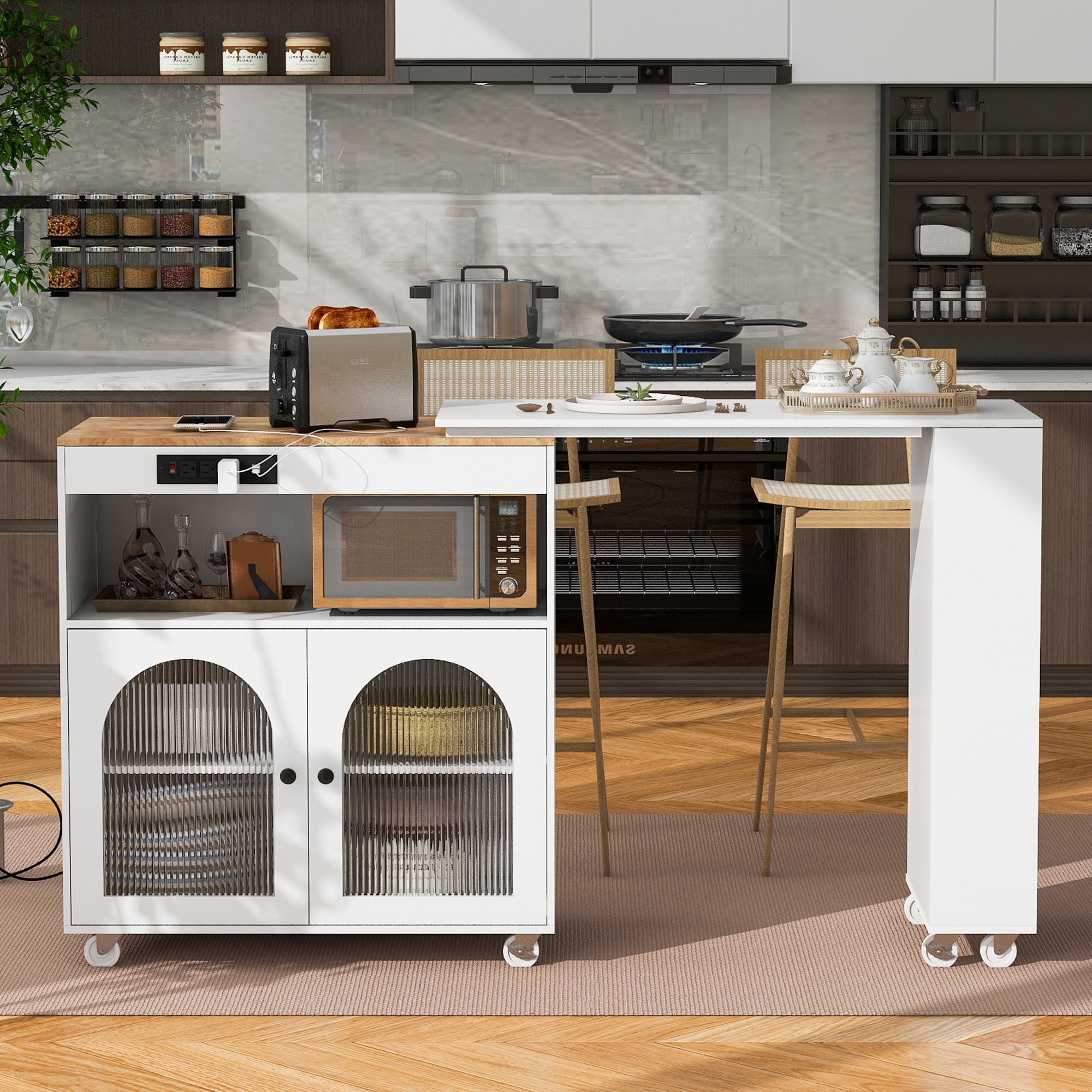 White Kitchen Island with Movable Dining Table, LED Lights, Power Outlets, 2 Ribbed Glass Doors, Storage Compartments & 3 Open Side Shelves, Modern Kitchen Island with Storage for Dining Room
