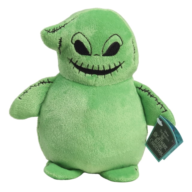 Disney Tim Burton's The Nightmare Before Christmas Small Plush Oogie Boogie, an 8.5-inch acid green plush doll with embroidered black eyes, mouth, and stitched details on arms and head, shown front-facing with a product tag attached, suitable for collectors and kids.
