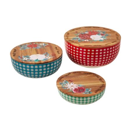 The Pioneer Woman Wishful Winter 6-Piece Ceramic Bowl with Wooden Lid Set