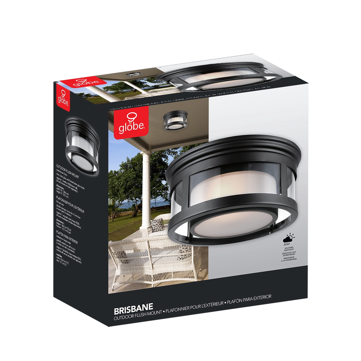 Globe Electric Brisbane 1-Light Matte Black Outdoor Indoor Flush Mount Ceiling Light with Frosted Glass Shade, 44480
