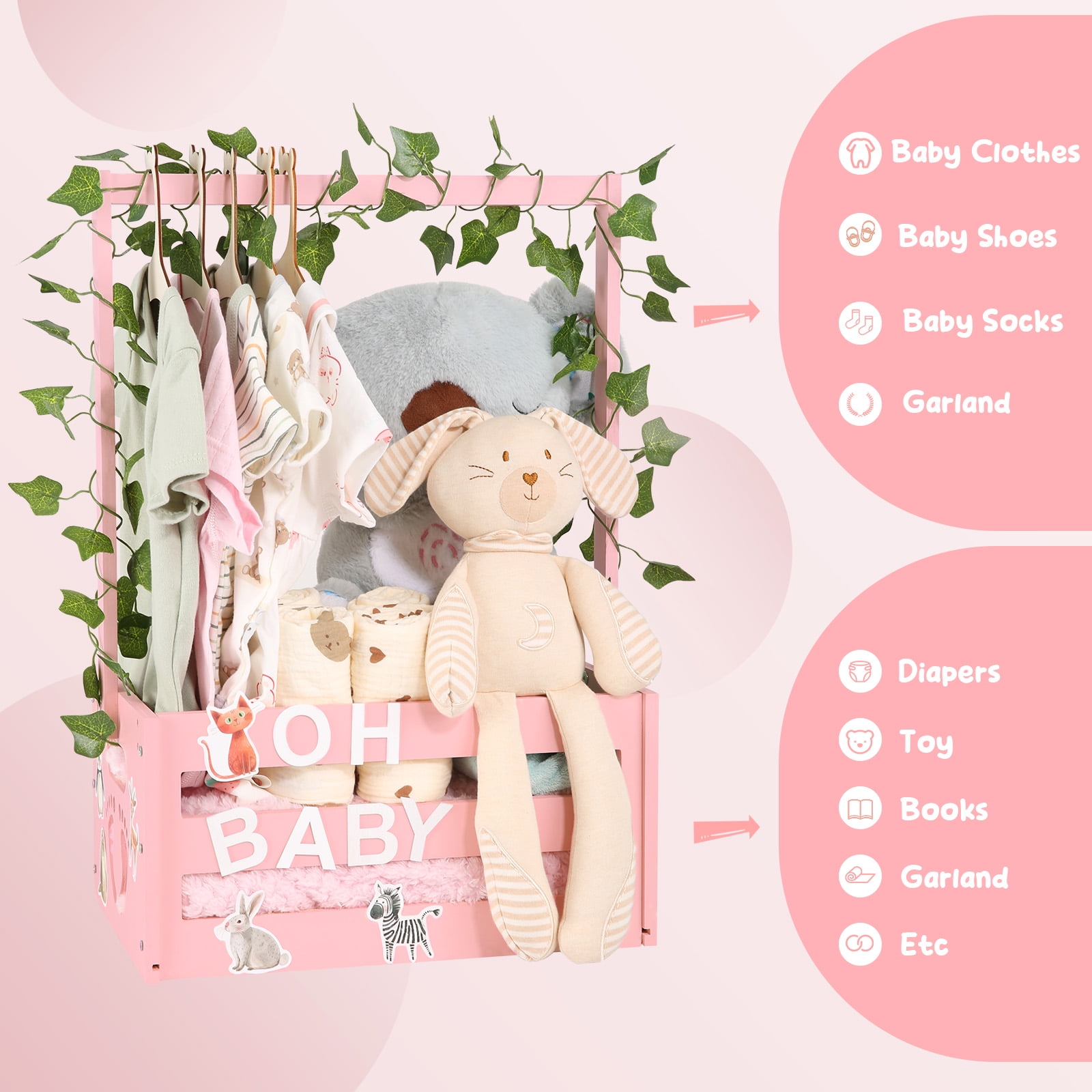 TeSabMi Baby Shower Gift Basket, Wooden Crate with Personalized Letters and Clothes Hangers, Newborn Gift Set (Pink)