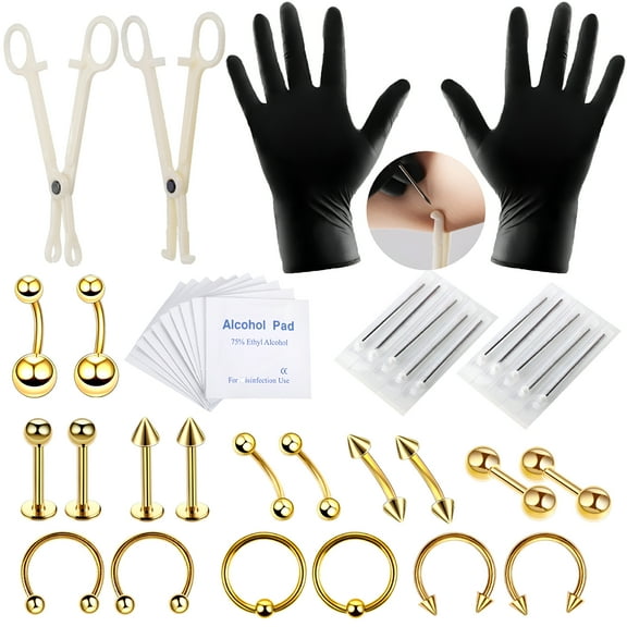 DESIGNICE Body Piercing Stud Kit, 42Pcs 8mm Tattoo Tools Kit Lip Eyebrow Ear Stud Belly Button Ring Body Piercing