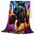 thumbnail image 2 of Energetic Monster Truck Adventure Scene Blue Fur Monster, Playful Fantasy Scene, Warm Flannel Blanket for Home Library and Reading Nook, Celestial Art Lovers Housewarming Gift, Fantasy Home Decor, 2 of 7