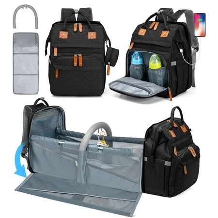 KABAQOO Black Large Baby Diaper Bag Backpack with Changing Station for Boy Girl Newborn Shower Gift