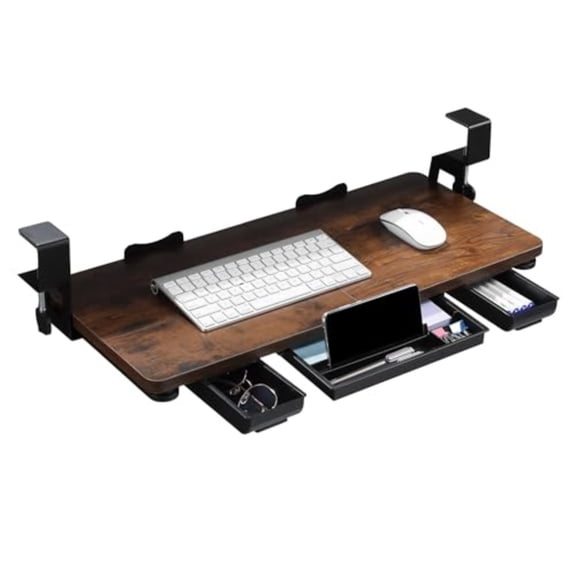 Keyboard Tray Under Desk with Drawer26.77" X 11.81"Large Size Keyboard Tray with C Clamp-on Mount Easy to Install for Home Office Mahogany