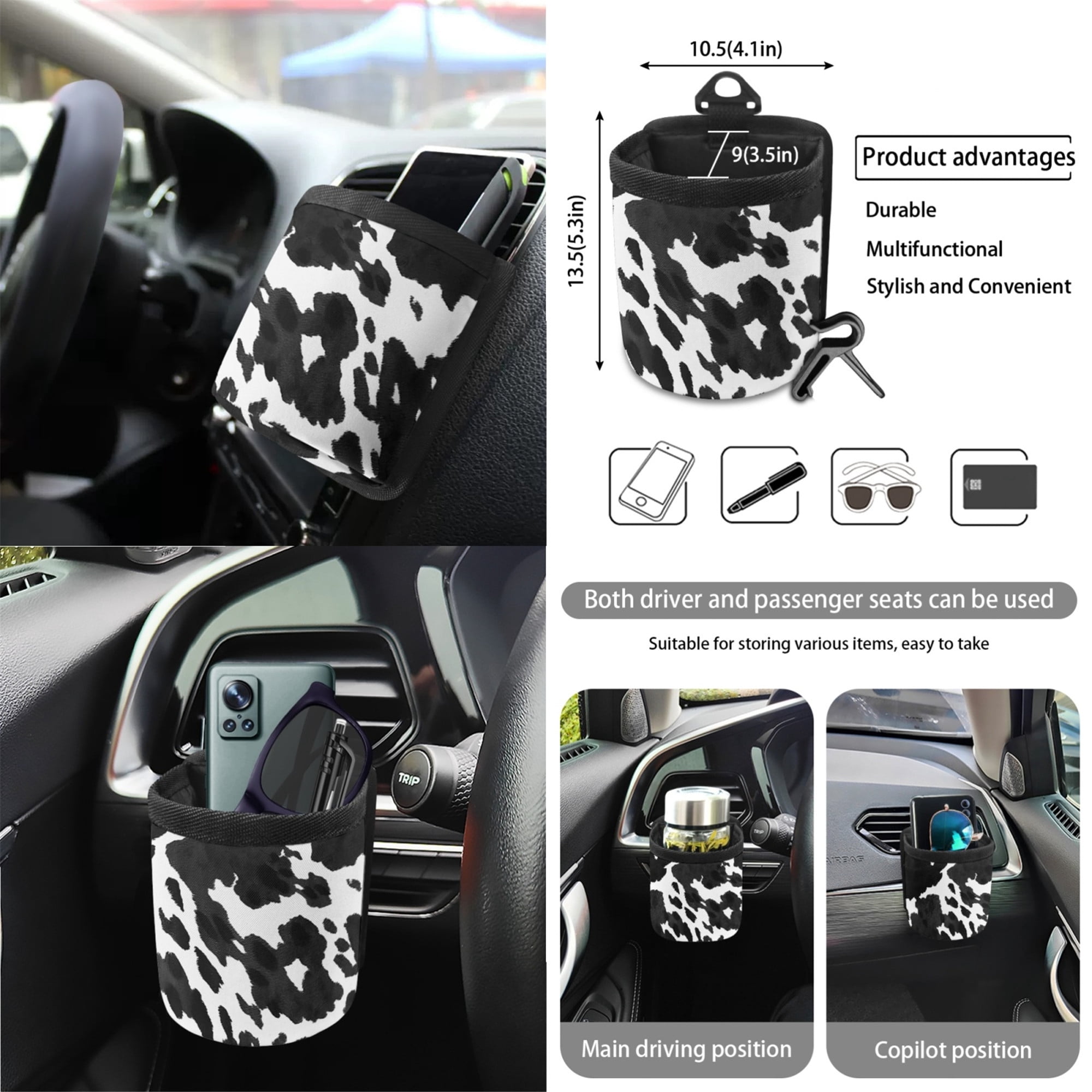 Yuyamidu Cow Print Car Seat Cover for SUV Truck Sedan Steering Wheel Cover Seat Belt Strap Pad Trash Bag Hanging Air Vent Storage Bag Rearview Mirror Accessory Cup Holder Key Chain 15 Pieces