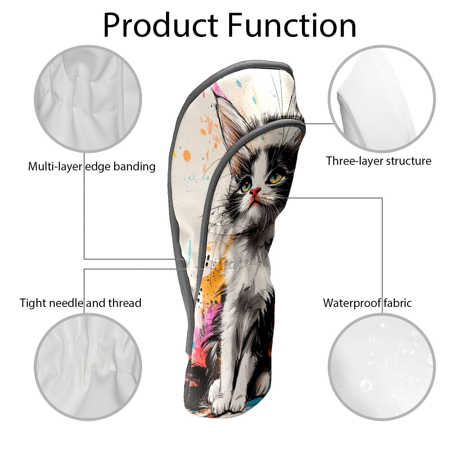 Golf Club Head Covers - Graffiti Cat Design, PU Leather, Waterproof, Fits Fairway Woods/Hybrid, Unisex, Fits Most Brands