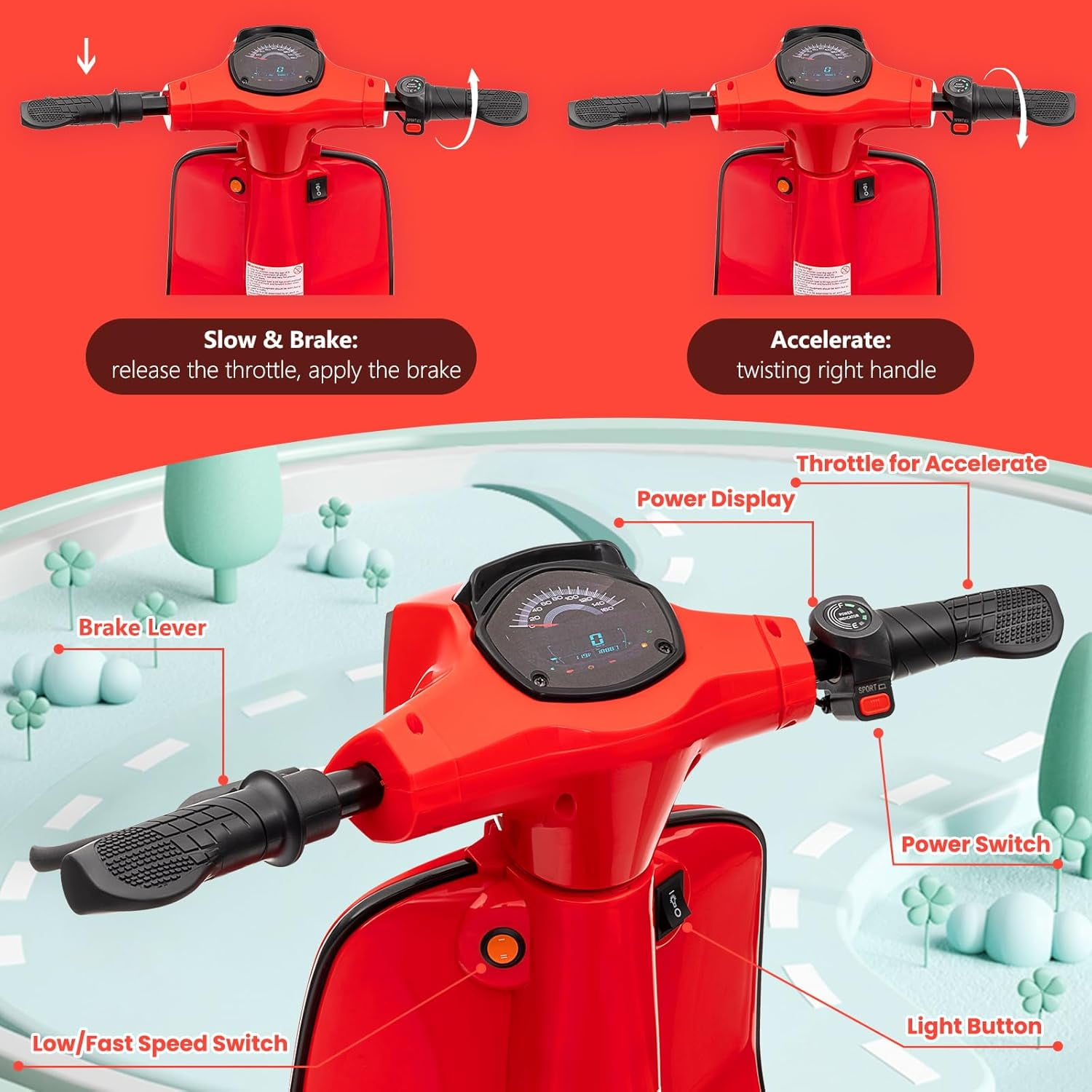 Trilenars 24V 350W Electric Moped Scooter for Kids, Kids Ride on Motorcycle, Max Up to 14MPH, with Rear Brake, Twist Grip Throttle & LED Light, Electric Motorbike for Teens 8-12,Red