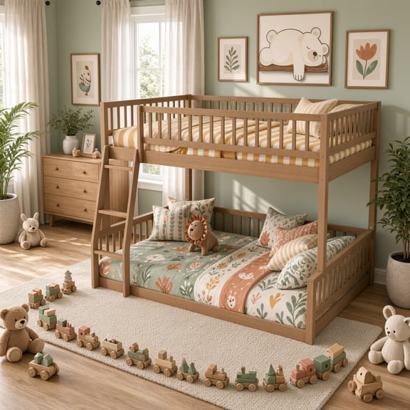 Full XL over Queen Bunk Bed with Ladder & Guardrails, Solid Wood Detachable Bunk Bed, No Box Spring Needed for Bedroom Guest Room, Walnut