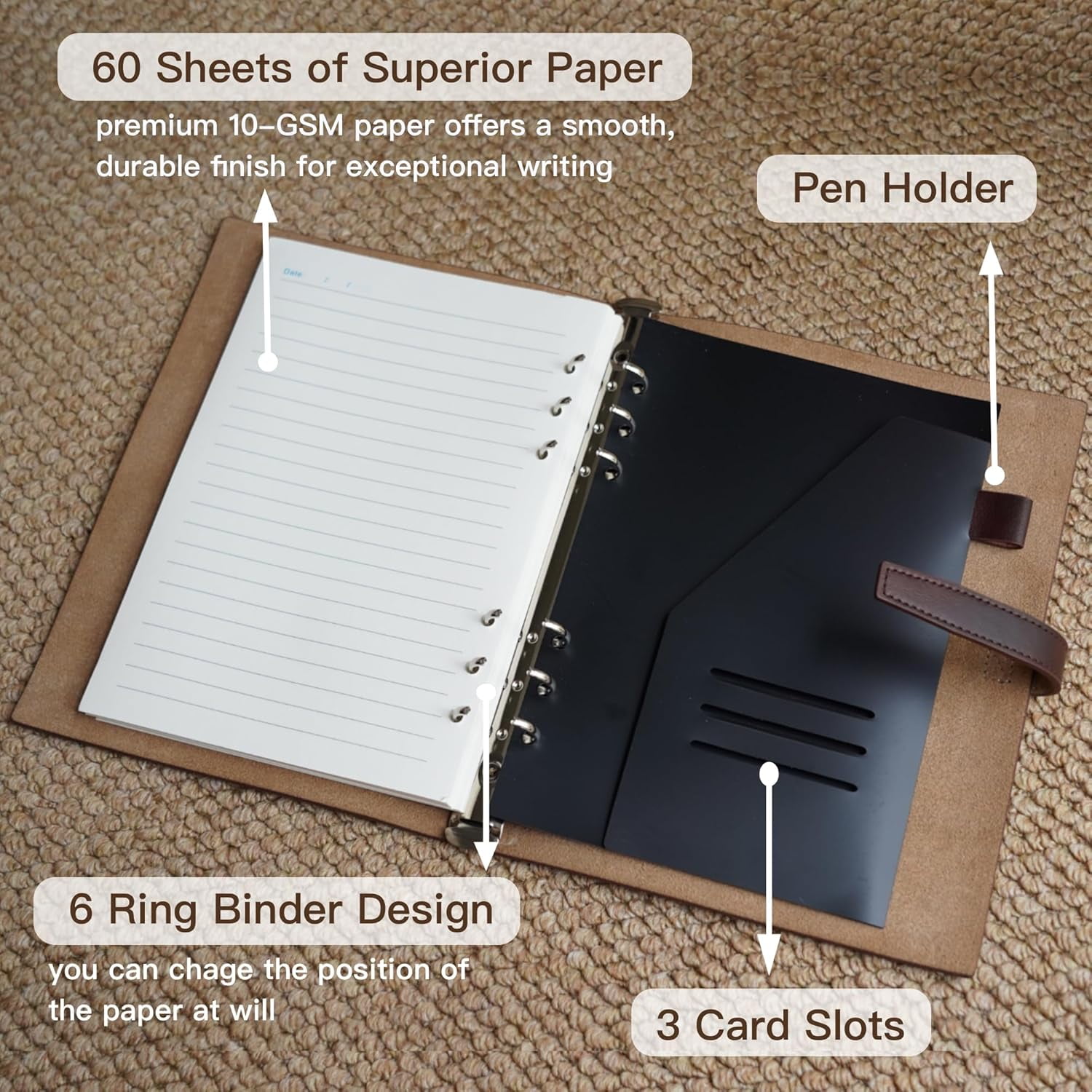 Vintage Leather A5 Binder Notebook, Refillable 6-Ring Journal with Pocket & 160 Lined Pages for Writers Office Study