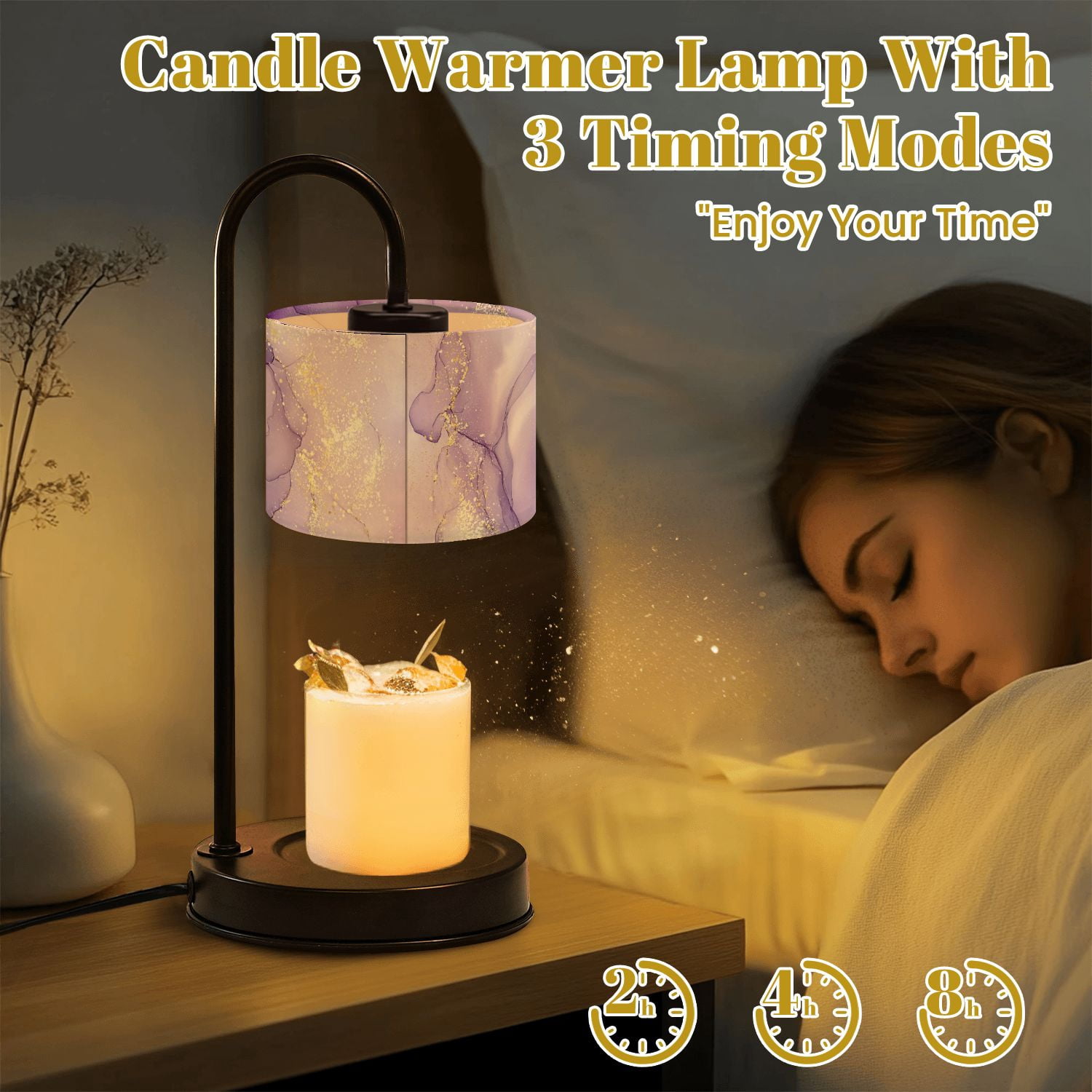 Candle Warmer Lamp with Timer Dimmer Purple Abstract Marble Texture Gold Veins Elegant Alcohol Ink Art Candle Lamp Warmer for Jar Candle with 4 Bulbs Gifts for Women House Warming Gifts