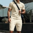 thumbnail image 2 of HBGVBA Men Athleisure 2 Piece Set Solid Color Short Sleeve Lapel Button Down Shirt Knit Shorts Casual Outfit, 2 of 5