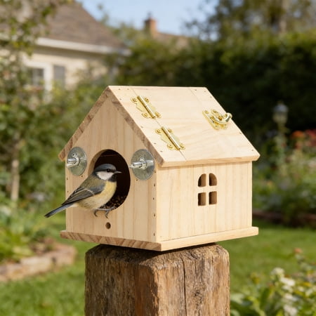Solid Wood Bird Nesting Box &ndash; Natural Breeding House for Budgies Finches & Small Birds &ndash; Hinged Roof Bird Home for Backyard Balcony & Garden Decor A