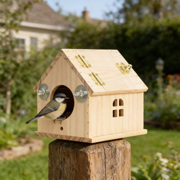 Solid Wood Bird House Breeding Box - Natural Wood Parrot Nest Incubation Box for Budgerigars, Bird Feeder with Hinged Roof for Easy Cleaning, JKODE