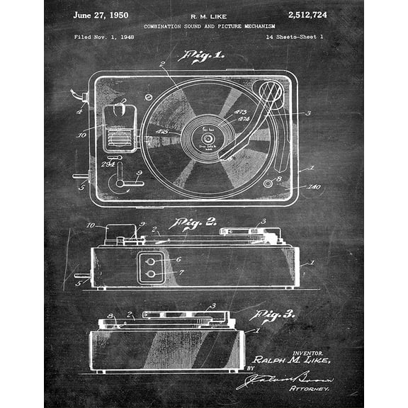 Original Turntable Artwork Submitted In 1950 - Music - Patent Art Print