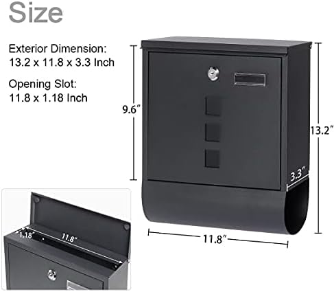 Locking Mailbox Wall Mount, Black Mailboxes with Secure Key Lock and Newspaper Compartment, Key Lock Drop Box Large Capacity with Galvanized Cover and Rust-Proof Metal Mailbox, HPB2210 Black