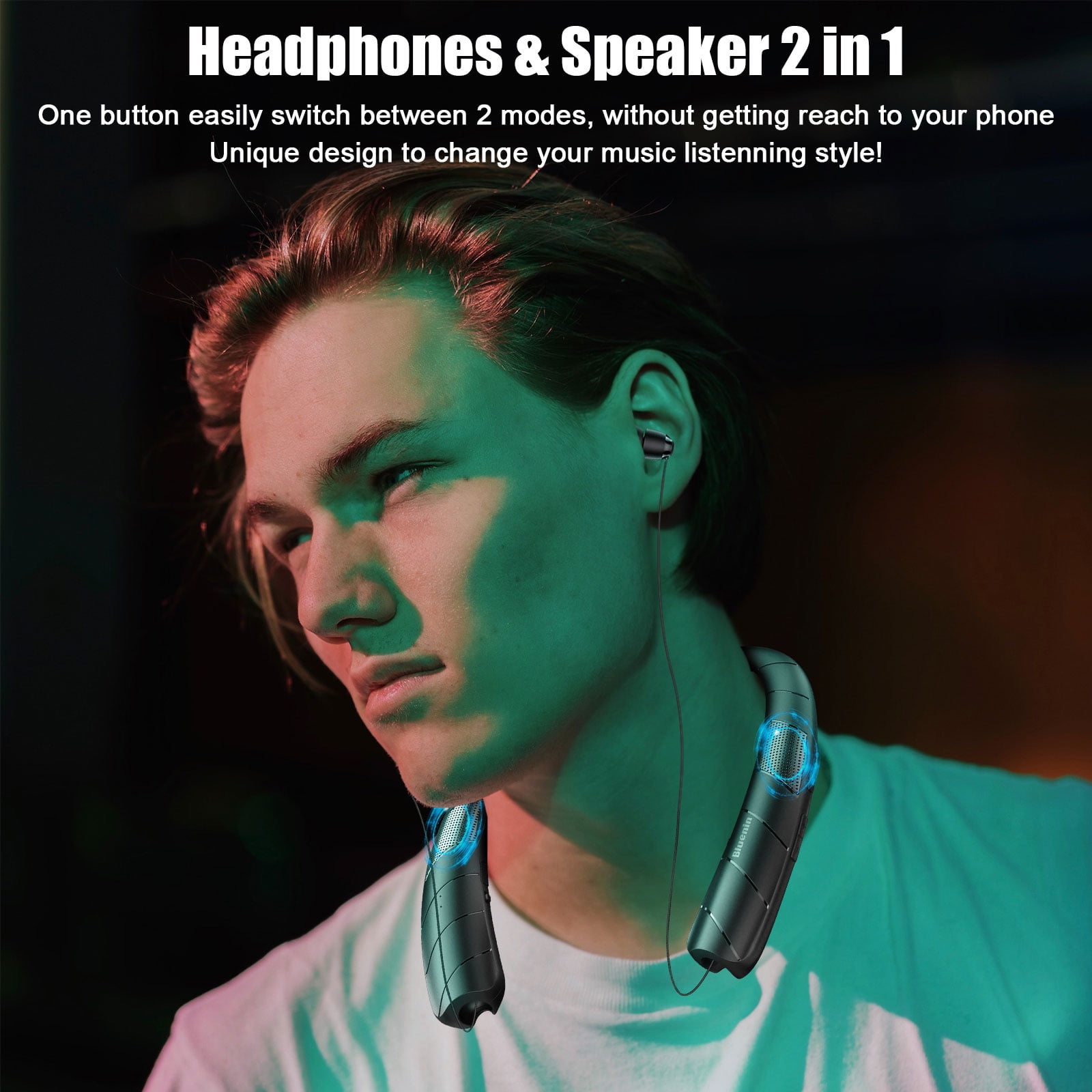 Bluetooth Headphones Speaker 2 in 1, EEEkit Neckband Wireless Headphones with Noise Cancelling Mic Retractable Earbuds, Sweatproof Wearable Stereo Earphones for Home Office Sports, Black