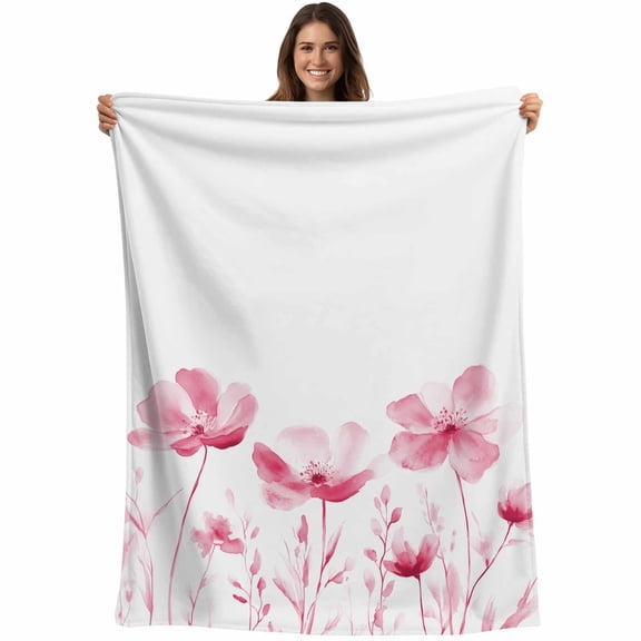 Flannel Fleece Throw Blanket Country Pink Flower Watercolor Lightweight Soft Plush Blankets,Oil Painting Style Cozy Warm Throw Blanket for Couch Sofa Bed Car Office All Season Use 40x50in