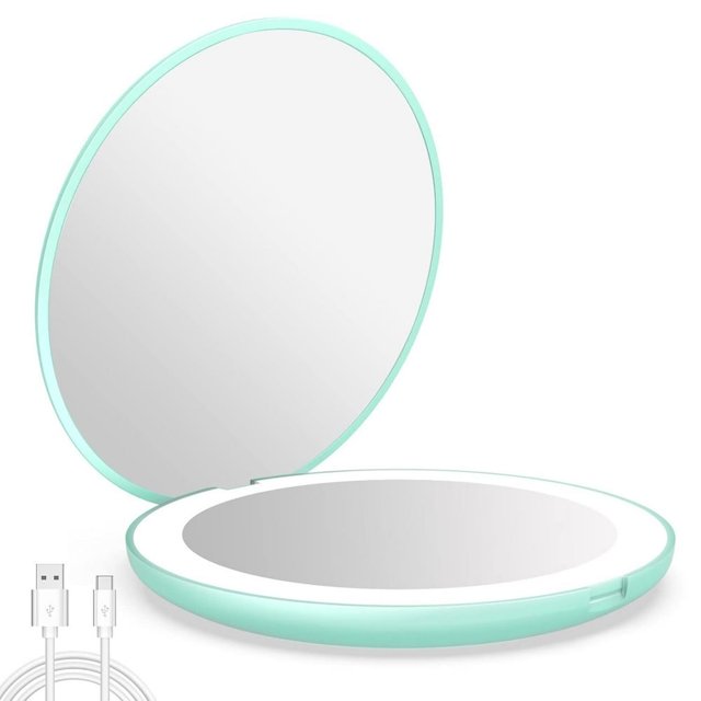 Pocket Mirror 1X/10X Magnification LED Compact Travel Makeup Mirror with Light for Purse 2-Sided Portable Folding Handheld Small Lighted Mirror for Gift Cyan