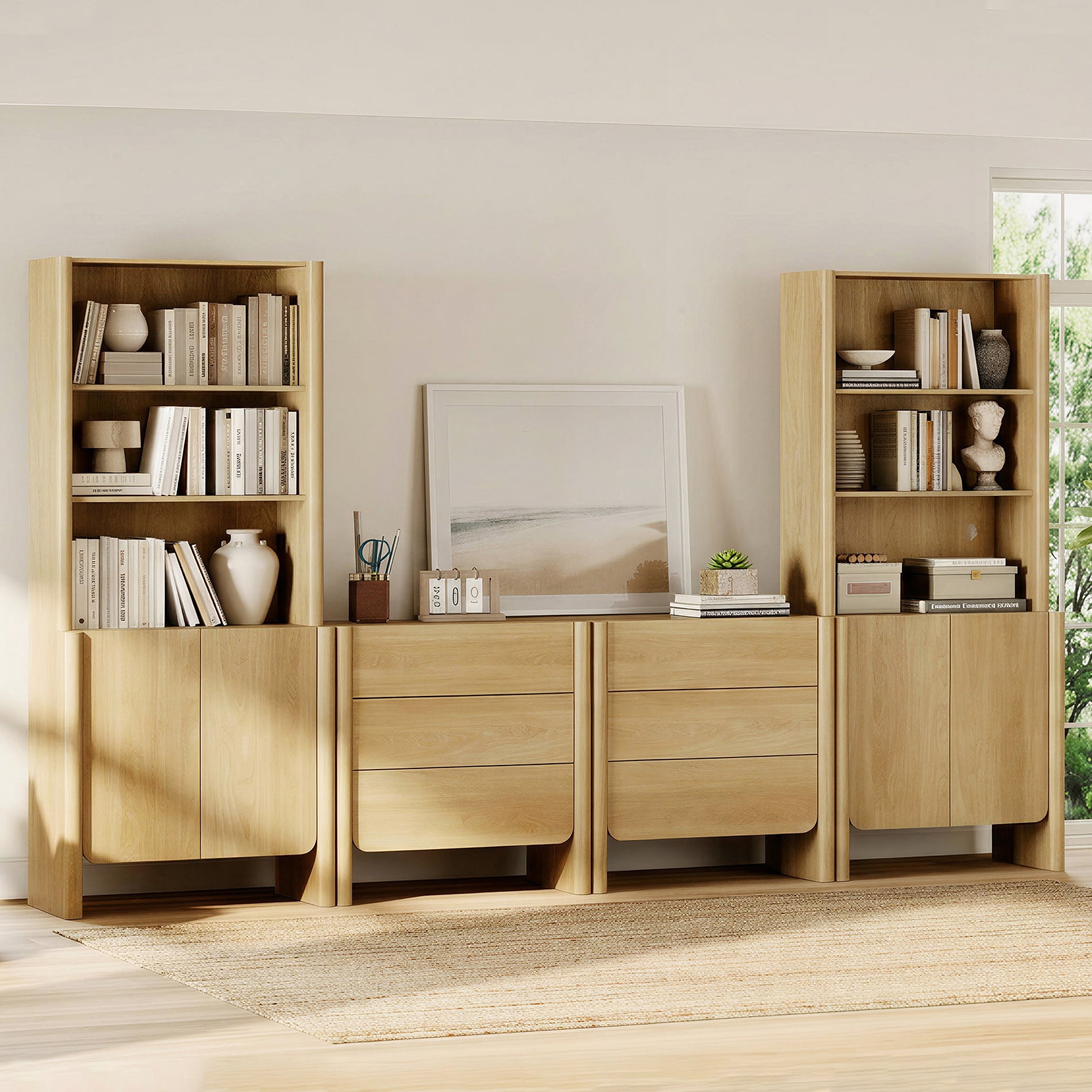 Modern French TV Stand with Bookshelves, 126-Inch Media Console, Doors, Drawers and Open Shelving, Supports TVs up to 70 Inches, Oak