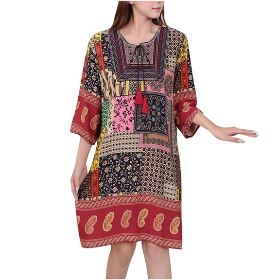 Oplxuo Summer Dresses for Women Casual Tshirt Boho Tassel Tie Neck Short Sleeve Short Floral Sundress Beach Cover Ups