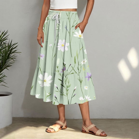 Jsaierl Women’s Wildflower Print Tiered Midi Skirt Elastic Waist Flowy Casual Skirt with Pockets for Spring Picnic and Vacation