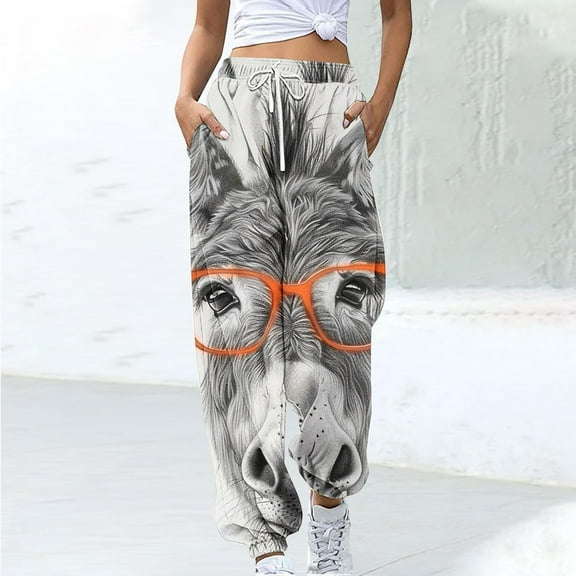 AGWOLF Womens Donkey Print Sweatpants Baggy High Waist Barrel Pants Casual Y2K Streetwear Trousers with Pockets