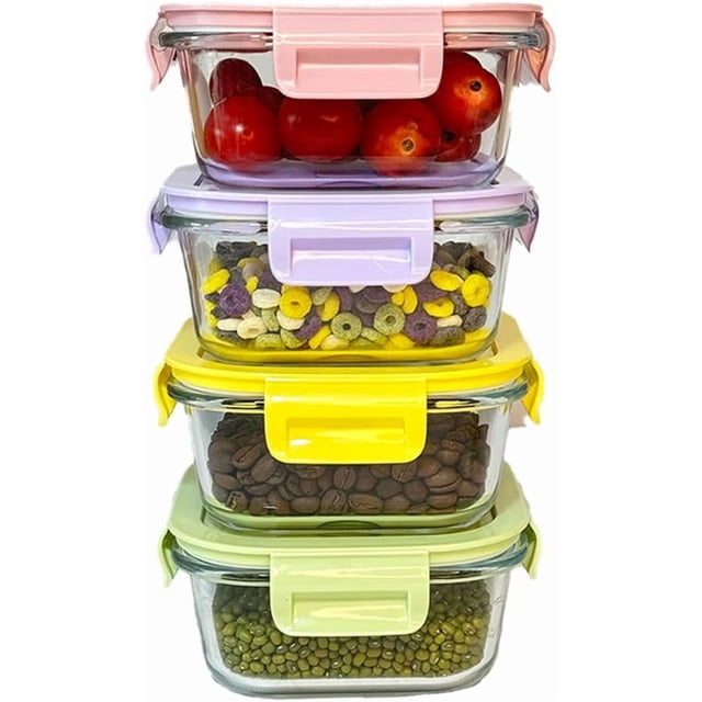 Small Square Glass Food Storage Container with Lids, 16oz Square Glass Meal Prep Containers Set, 2 Cup Food Bowls for Lunch Salad, BPA free Microwave, Freezer, Dishwasher Safe (4 Pack)