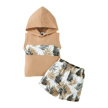 

Little Child Boys Suit Short Sleeve Top Sleeveless Hooded Top Printed Shorts Two Piece Suit Summer Suit Kids Clothing Set