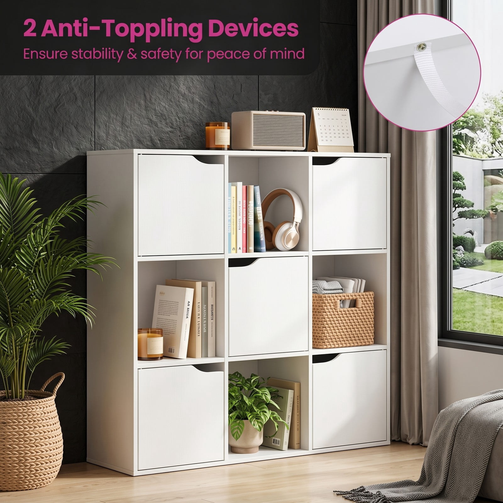 Furnibear 9 Cube Storage Bookcase, Free Standing Wood Divider Organizer with 4 Open Cubes and 5 Cabinets for Home Office Living Room Bedroom, White