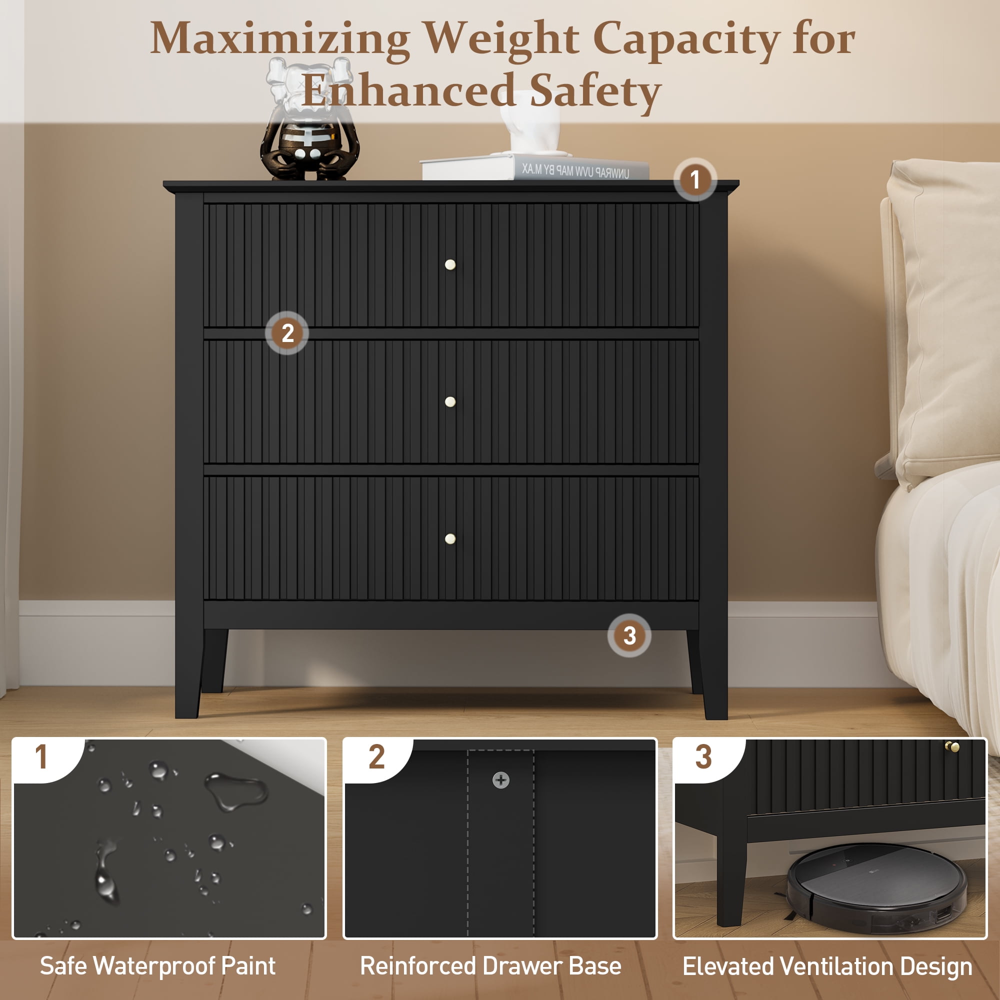 Mayincolor 3-Drawer Fluted Dresser Set of 2, Modern Wood Storage for Bedroom or Living Room, Black