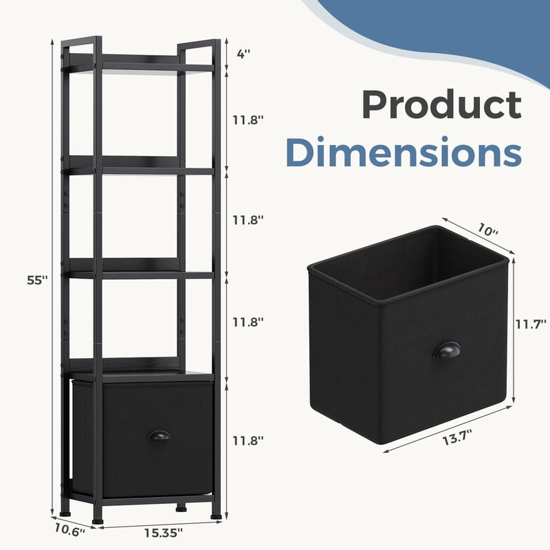 BEAUTYPEAK 5-Tier Bookshelf with Fabric Drawer 55" Tall Narrow Freestanding Display Shelf Metal Frame Bookcase, Black