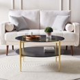 thumbnail image 4 of Rectangle Coffee Table Mid-Century Modern Design L W x H for Living Room - Structure Amber Glass Top and Walnut MDF Shelf Sleek Conical Metal Legs with Gold Finish, 4 of 9