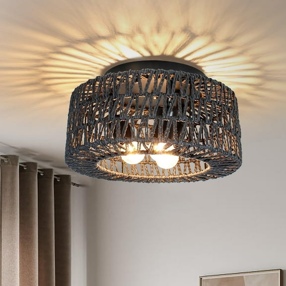 Lohas Led 3-Light Black Rattan Flush Mount Ceiling Light with  Hand-Woven Cage Shade for Hallway Bedroom