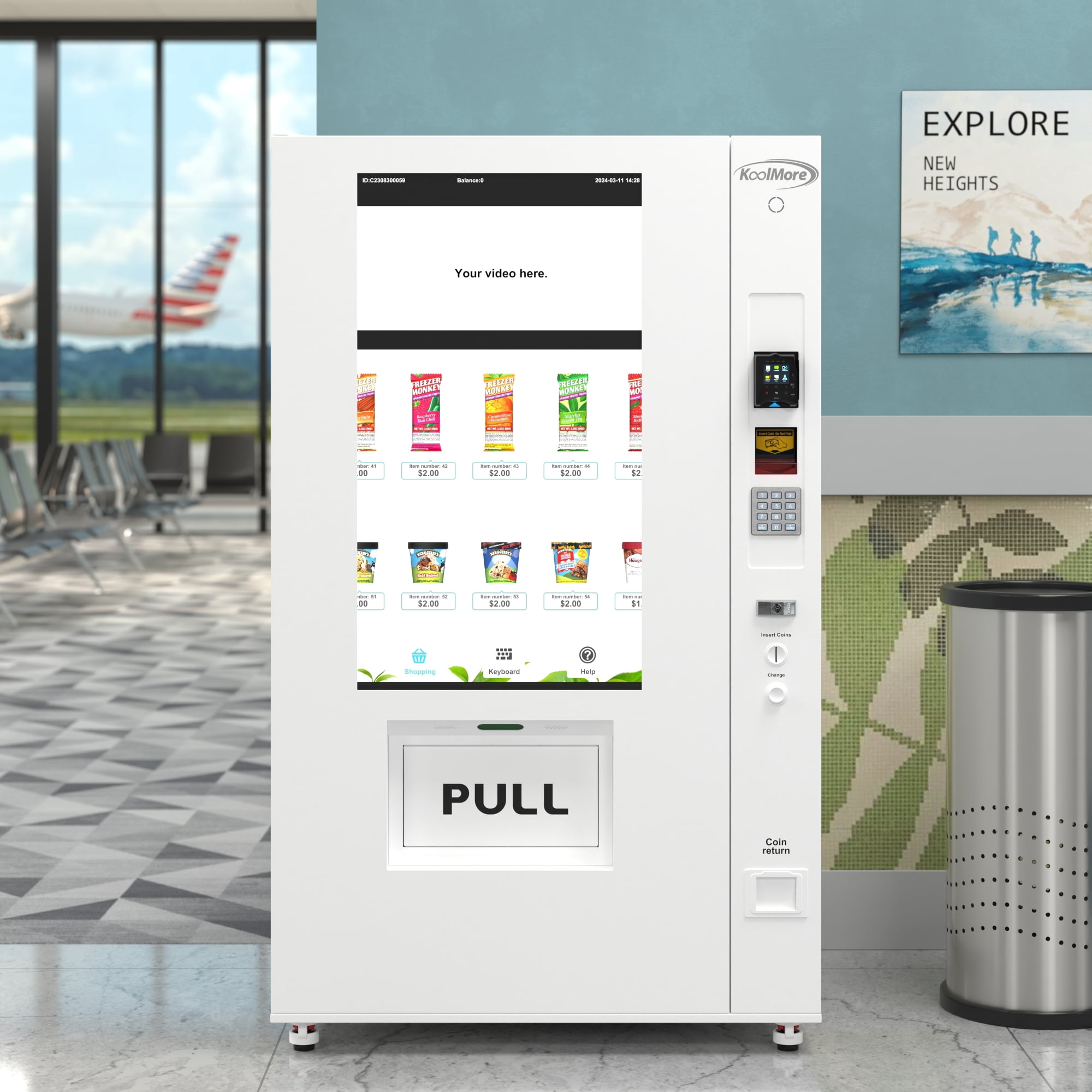 Freezer Ice Cream Vending Machine In White With 44 Slots Featuring Ample 49 Inch Touch Display, Bill Acceptor, Credit Card Reader, Wifi and 4G Connectivity